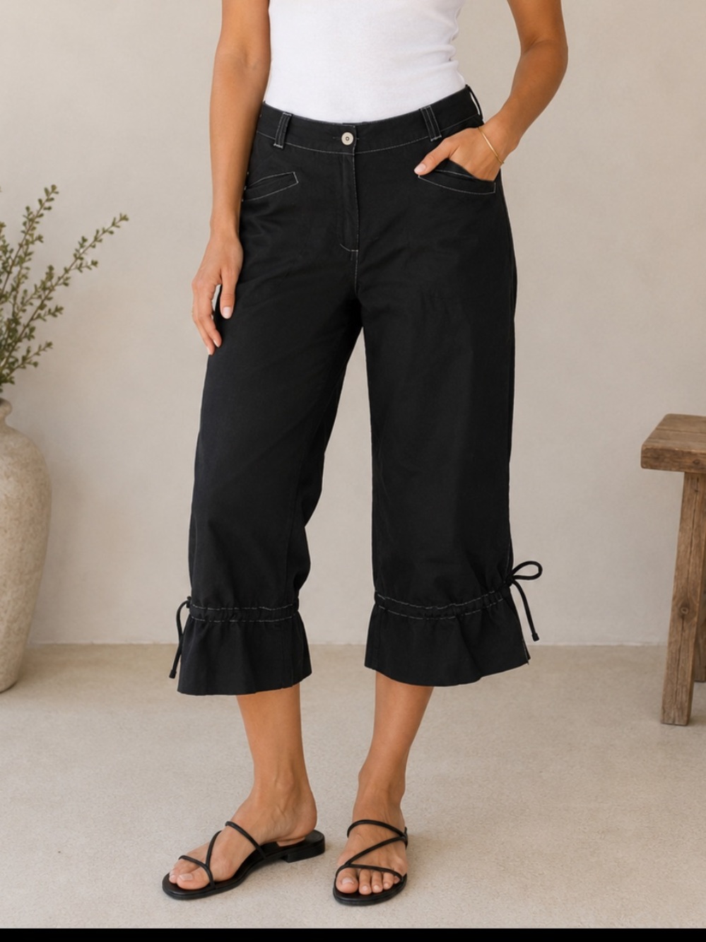 CHICOS Linen Capri Pants Black Tie Ruffle Ankle Cropped Size 12